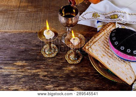 Eve Passover Holiday Jewish Passover Bread Matzoh Celebration And Kipah