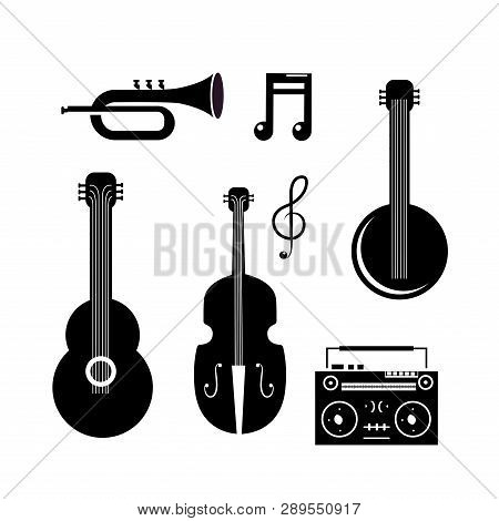 Set Cornet With Manjo And Guitar With Violin And Tape Recorder Vector Illustration