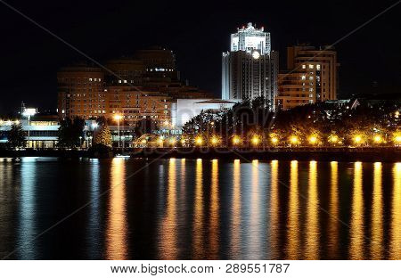 Night View Of The Yekaterinburg Embankment. Walking In The Night City. Yekaterinburg Is The Fourth L