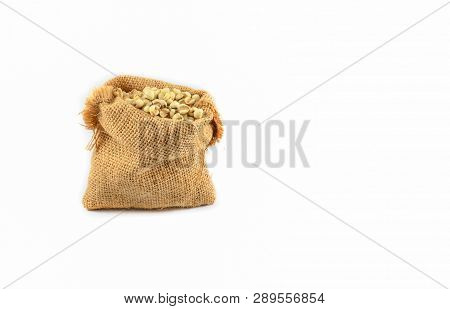 Job's Tears Coix Lachryma Jobi Grain Seeds In Sack Isolated On White Background