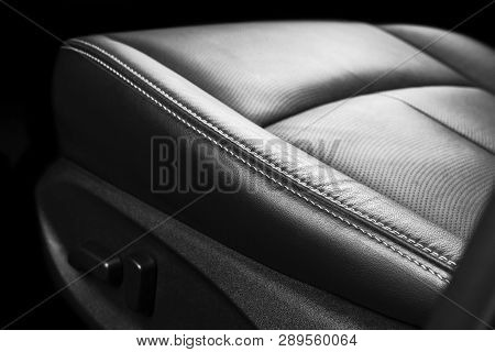 Modern Luxury Car Inside. Interior Of Prestige Modern Car. Comfortable Leather Seats. Perforated Lea