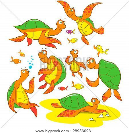 Cartoon Vector Of Turtles Family. A Set Of Cute And Colorful Icon Collection Isolated On White Backg