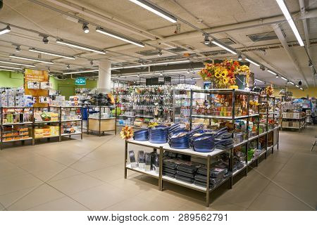 ZURICH, SWITZERLAND - CIRCA OCTOBER, 2018: interior shot of Migros supermarket in Zurich International Airport. Migros is Switzerland's largest retail company.