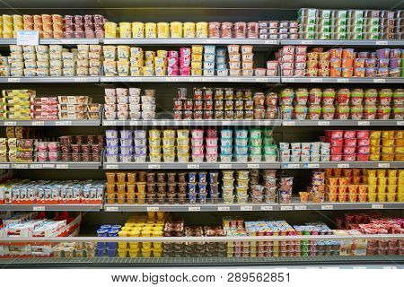 ZURICH, SWITZERLAND - CIRCA OCTOBER, 2018: interior shot of Migros supermarket in Zurich International Airport. Migros is Switzerland's largest retail company.