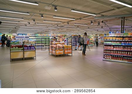 ZURICH, SWITZERLAND - CIRCA OCTOBER, 2018: interior shot of Migros supermarket in Zurich International Airport. Migros is Switzerland's largest retail company.