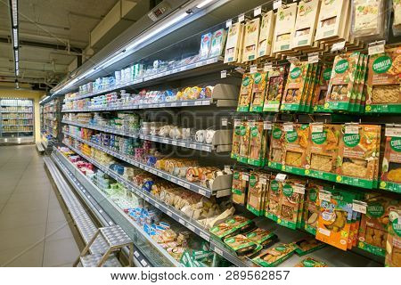 ZURICH, SWITZERLAND - CIRCA OCTOBER, 2018: interior shot of Migros supermarket in Zurich International Airport. Migros is Switzerland's largest retail company.
