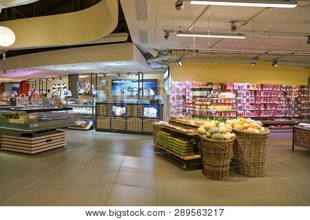 ZURICH, SWITZERLAND - CIRCA OCTOBER, 2018: interior shot of Migros supermarket in Zurich International Airport. Migros is Switzerland's largest retail company.