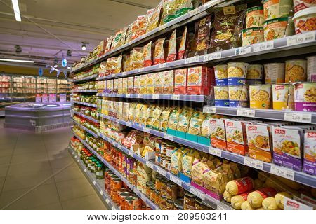 ZURICH, SWITZERLAND - CIRCA OCTOBER, 2018: interior shot of Migros supermarket in Zurich International Airport. Migros is Switzerland's largest retail company.