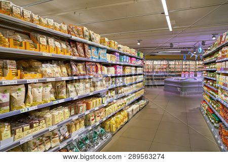 ZURICH, SWITZERLAND - CIRCA OCTOBER, 2018: interior shot of Migros supermarket in Zurich International Airport. Migros is Switzerland's largest retail company.