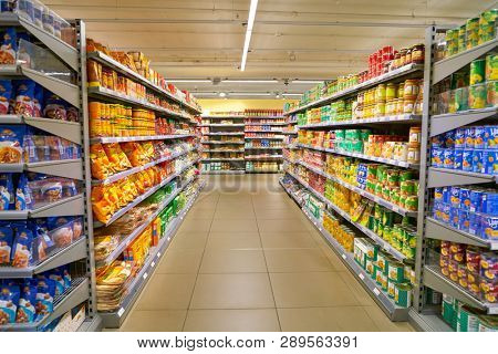 ZURICH, SWITZERLAND - CIRCA OCTOBER, 2018: interior shot of Migros supermarket in Zurich International Airport. Migros is Switzerland's largest retail company.