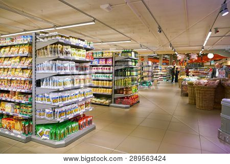 ZURICH, SWITZERLAND - CIRCA OCTOBER, 2018: interior shot of Migros supermarket in Zurich International Airport. Migros is Switzerland's largest retail company.