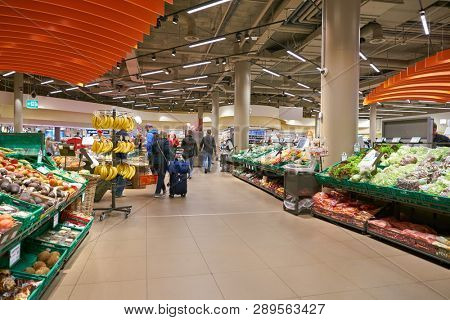 ZURICH, SWITZERLAND - CIRCA OCTOBER, 2018: interior shot of Migros supermarket in Zurich International Airport. Migros is Switzerland's largest retail company.