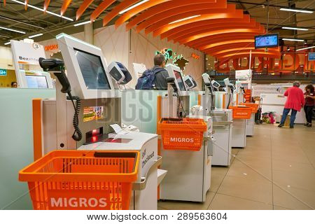 ZURICH, SWITZERLAND - CIRCA OCTOBER, 2018: interior shot of Migros supermarket in Zurich International Airport. Migros is Switzerland's largest retail company.