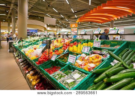 ZURICH, SWITZERLAND - CIRCA OCTOBER, 2018: interior shot of Migros supermarket in Zurich International Airport. Migros is Switzerland's largest retail company.
