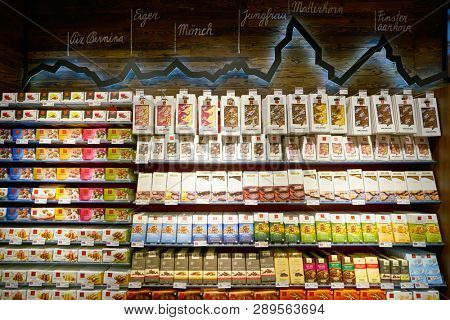 ZURICH, SWITZERLAND - CIRCA OCTOBER, 2018: interior shot of Migros supermarket in Zurich International Airport. Migros is Switzerland's largest retail company.