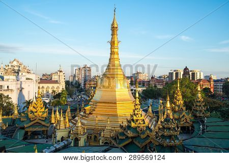 Scenery View Of Sule Pagoda One Of An Iconic Buddhist Landmark In The Centre Of Yangon Township Of M