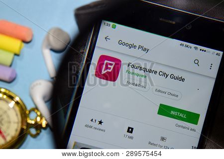 Bekasi, West Java, Indonesia. March 15, 2019 : Foursquare City Guide Dev App With Magnifying On Smar
