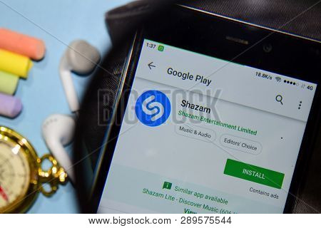 Bekasi, West Java, Indonesia. March 15, 2019 : Shazam Dev App With Magnifying On Smartphone Screen. 