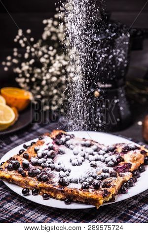 Blackberry Pie On A White Plate Powdered Sugar Pours. Good Healthy.