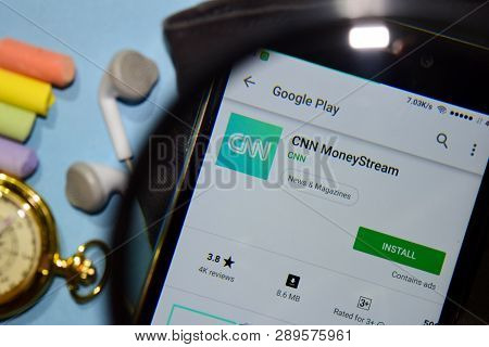 Bekasi, West Java, Indonesia. March 15, 2019 : Cnn Moneystream Dev App With Magnifying On Smartphone