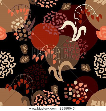 Seamless Vector Pattern With Abstract Flowers, Leaves And Dotted Textures. Retro Textile Collection.