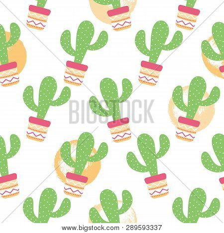 Seamless Pattern Of Cactuses Succulents With Nice Pot In Flat Style. Editable Elements, Icons For Cl
