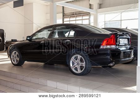Novosibirsk, Russia - 08.01.2018: Black Volvo S60 2008 Release With An Engine Of 2.5 Liters Rear Vie
