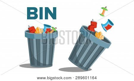 Bin Garbage Vector. Full Of Trash. Inverted. Isolated Flat Illustration