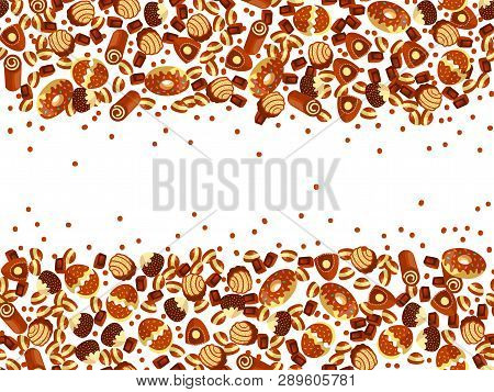 Chocolate Candy Frame Of Choco Candies On White Background. Chocolate Candy Banner, Top View, Flat L