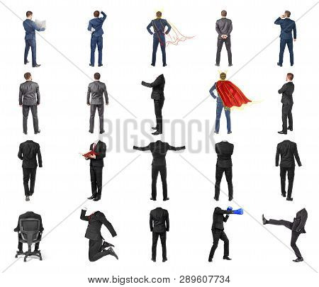 Set Of Different Men In Suits And Suits Without Men Isolated On A White Background