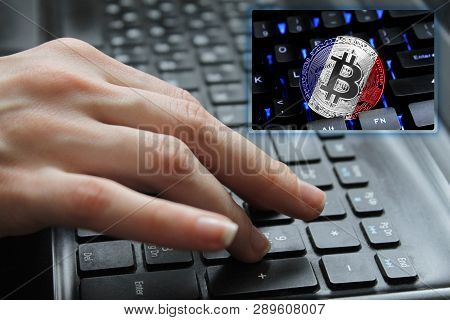 Hand Of The Girl On The Keyboard Close Up With The Concept Of Digital Technology On The Purchase And
