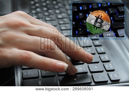 Hand Of The Girl On The Keyboard Close Up With The Concept Of Digital Technology On The Purchase And