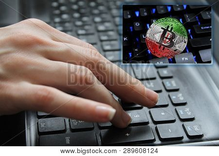 Hand Of The Girl On The Keyboard Close Up With The Concept Of Digital Technology On The Purchase And