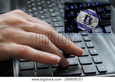 Hand Of The Girl On The Keyboard Close Up With The Concept Of Digital Technology On The Purchase And