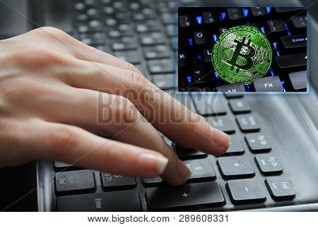 Hand Of The Girl On The Keyboard Close Up With The Concept Of Digital Technology On The Purchase And