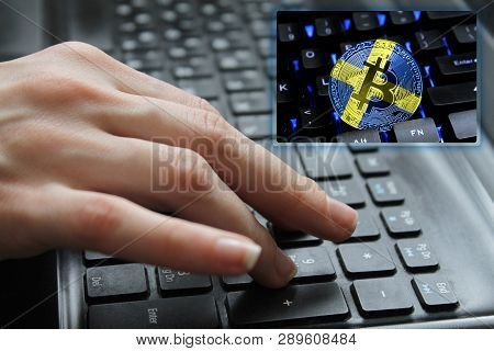 Hand Of The Girl On The Keyboard Close Up With The Concept Of Digital Technology On The Purchase And