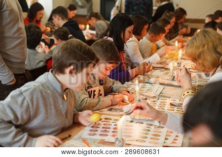 Lviv, Ukraine - March 11, 2018. Ukrainian Easter Eggs Painting Workshop.