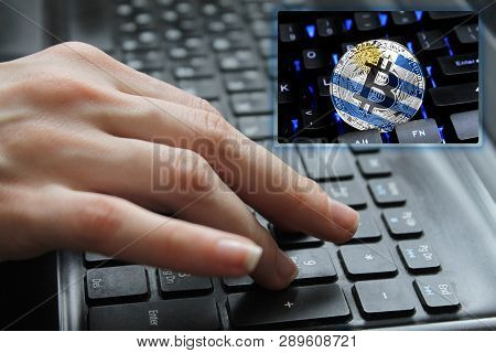Hand Of The Girl On The Keyboard Close Up With The Concept Of Digital Technology On The Purchase And