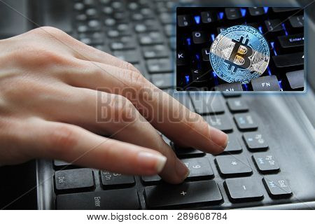 Hand Of The Girl On The Keyboard Close Up With The Concept Of Digital Technology On The Purchase And