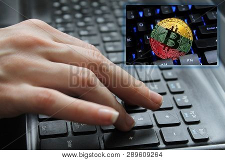 Hand Of The Girl On The Keyboard Close Up With The Concept Of Digital Technology On The Purchase And