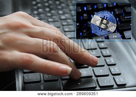 Hand Of The Girl On The Keyboard Close Up With The Concept Of Digital Technology On The Purchase And