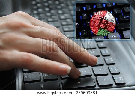 Hand Of The Girl On The Keyboard Close Up With The Concept Of Digital Technology On The Purchase And