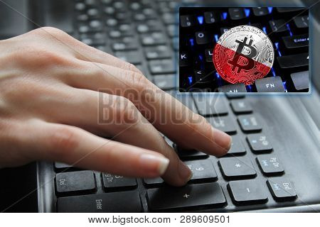 Hand Of The Girl On The Keyboard Close Up With The Concept Of Digital Technology On The Purchase And