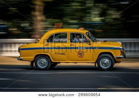 Kolkata, India - November 18th 2018: Iconic Yellow Taxi At Calcutta ( Kolkata ) India. The Ambassado