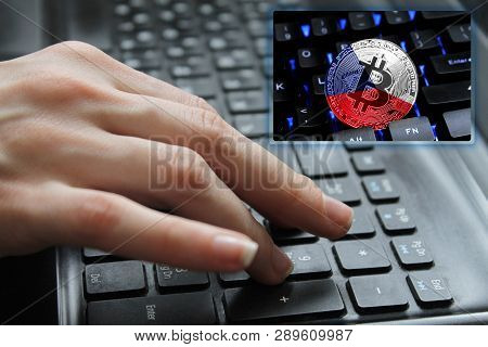 Hand Of The Girl On The Keyboard Close Up With The Concept Of Digital Technology On The Purchase And
