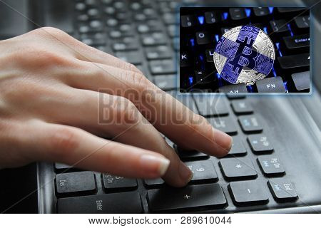 Hand Of The Girl On The Keyboard Close Up With The Concept Of Digital Technology On The Purchase And
