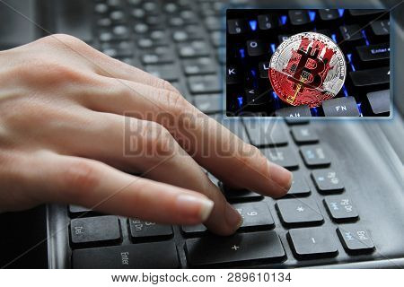 Hand Of The Girl On The Keyboard Close Up With The Concept Of Digital Technology On The Purchase And