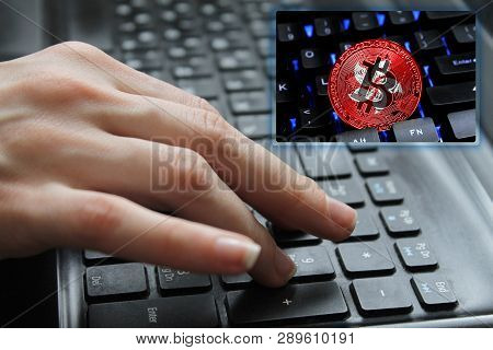 Hand Of The Girl On The Keyboard Close Up With The Concept Of Digital Technology On The Purchase And