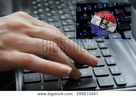 Hand Of The Girl On The Keyboard Close Up With The Concept Of Digital Technology On The Purchase And