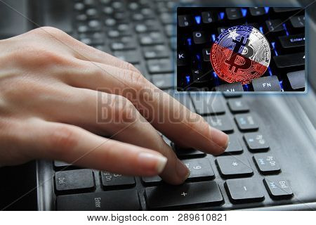 Hand Of The Girl On The Keyboard Close Up With The Concept Of Digital Technology On The Purchase And